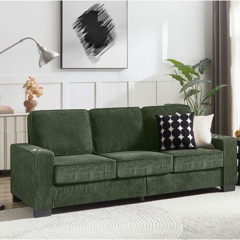 Divano a 3 posti in velluto a coste 206 cm con portabicchieri, verde oliva OKMYHOME (1/5)