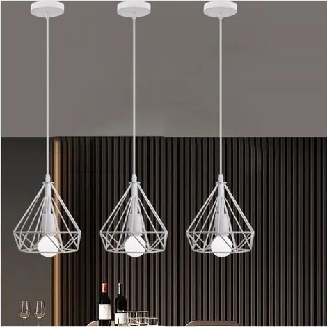 Lot de 3 Suspension Luminaire Industrielle Abat-jour en Métal Blanc Lampe Plafonnier Vintage en Diamant Cage pour Salon (1/4)