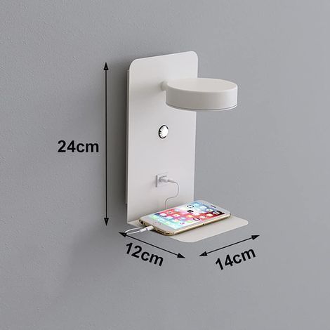 Aplique de pared LED para interiores con puerto USB, aplique de pared moderno de 12 W tricolor regulable con interruptor, luz de lectura, lámpara de mesilla giratoria de 330°, blanca [Clase energética (1/5)