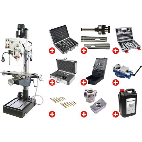 Perceuse-fraiseuse à colonne percer jusque ø 32 mm CM4/M16 1,5 kW 400V table croisée pompe avec les accessoires essentiels Torros PF40CP PACK PRO (1/5)