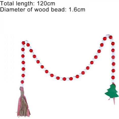 Guirlande En Perles Bois - Décoration Murale Noël Maison Rustique - Longueur 120 cm - Perles Bois Diamètre 1,6 cm - Pompons Coton 13 cm - Rouge Et Blanc - 1 Pièce (1/5)