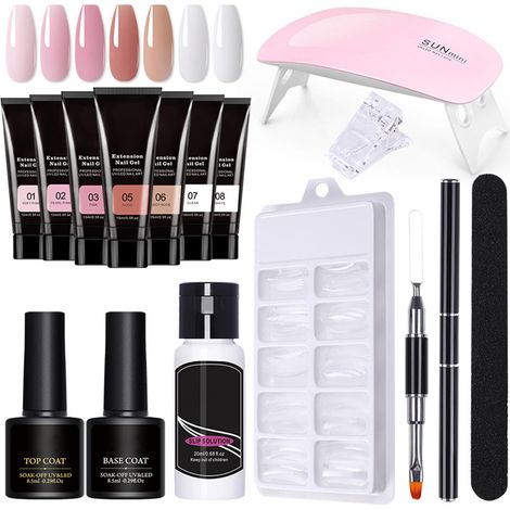 Kit de gel pour ongles avec lampe UV, lime et formes d'extension - Set débutant pour manucure, gel de construction et allongement (1/5)