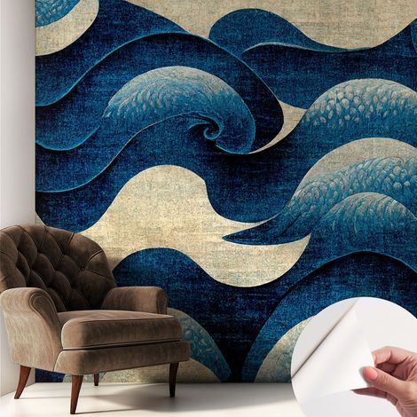 Selbstklebend Tapete - abwaschbar - Raumgestaltung  Schlafzimmer Wohnzimmer Tapete Blaue Wellen 250x250 cm (1/5)