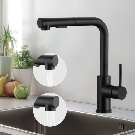 Robinet Cuisine Noir Douchette, MEEJEE Mitigeur Cuisine avec 2 Modes de Pulvérisation, Robinet Evier avec Douchette Extractible Rotatif à 360° (1/5)