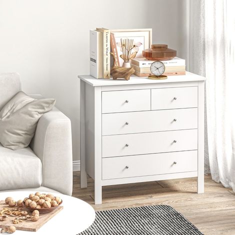 REDOM Cómoda 79x39.5x80.5 cm, 5 cajones, apertura y cierre silenciosos, con patas, madera blanca