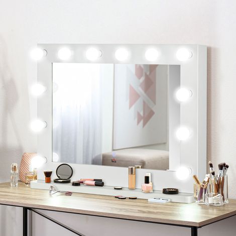 Specchio per il trucco illuminato in stile hollywoodiano con 12 LED e touchscreen - luminosità regolabile, funzione memoria - MDF bianco e vetro