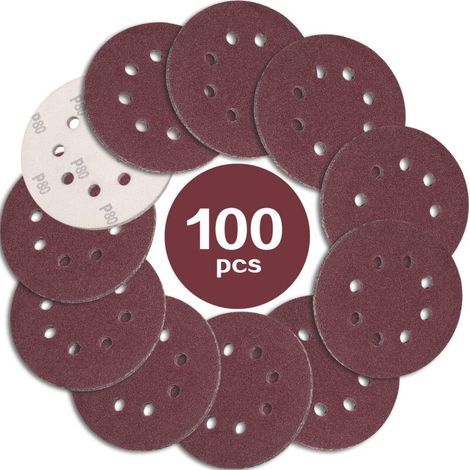 100PCS Disque de Ponçage 125mm Grain 80, Disques a Poncer Papier Abrasifs 8 Trous Idéal pour Poncer/Polir pour Ponceuse Excentrique (1/5)