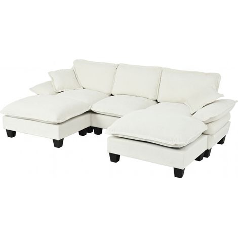 Divano angolare modulare a U in chenille beige con 2 ottomani mobili e 2 cuscini (1/5)