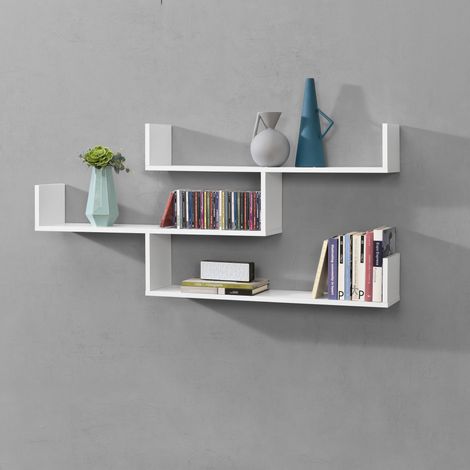 Mensola da Parete / da Muro con 3 Ripiani a Forma di U 119 x 18 x 55 cm Scaffale / Libreria / Consolle Pensile Portaoggetti - Bianco (1/5)