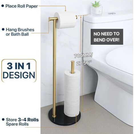 NALOOKAMIC Porte Papier Toilette sur Pied Distributeur Papier Toilette Rangement Papier Toilette, Base en Verre Trempé et Tige en Acier Inoxydable pour Salle de Bain, Doré, EGKN220LD-2-GB