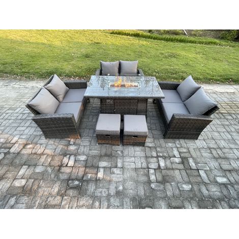Fimous Hoher Rücken Rattan Gartenmöbel Sets mit Outdoor-Möbel Gas Feuerstelle Esstisch Set 2 Kleiner Fußhocker Dunkelgrau Gemischt (1/5)