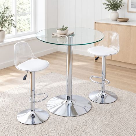 Runder Glas-Bartisch 89 cm mit 2 höhenverstellbaren Drehhockern, silberfarben (1/5)