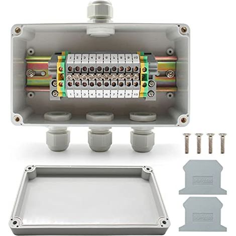 Caja de empalmes estanca IP66, 1 entrada y 3 salidas, con regleta de bornes para carril DIN, kit de regletas de bornes universal, adecuada para proyectos de automatización, garajes y proyectos de bric (1/5)