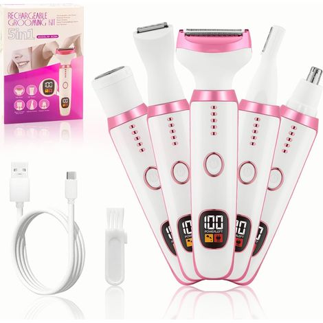 Rasoir électrique 5 en 1 pour femme, sans douleur, sec et humide, pour maillot, aisselles, jambes, sourcils et nez, avec écran LED, chargement USB, portable (1/5)