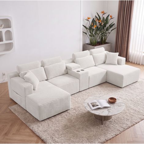 Divano modulare a U 6 posti in velluto a coste 372 x 151 x 80 cm Off White OKMYHOME (1/5)