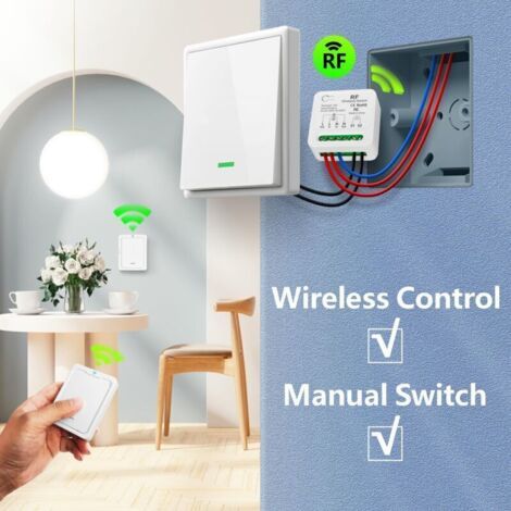 Interrupteur de lumière sans fil/Compatible avec les Interrupteurs Manuels, Récepteur à Relais de 10A et Télécommande, interrupteur marche/arrêt pour des lampes jusqu'à 1500 W (1/3)