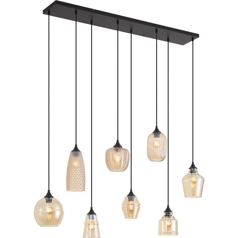 Art Deco Hängelampe schwarz mit Bernsteinglas 8-flammig - Hanne