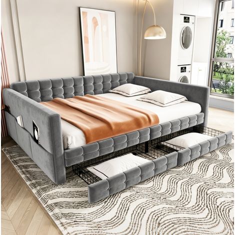 MEUBLIV Cama tapizada 140x190 cm gris – con almacenaje y cajones, sin colchón (1/5)