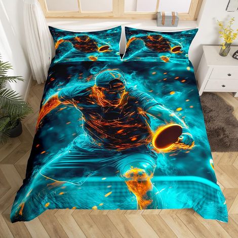 Housse de couette 135 x 200 cm - Parure de lit douce - Impression sportive - Pour enfants et adultes - Orange et noir - Pour chambre à coucher (1/5)