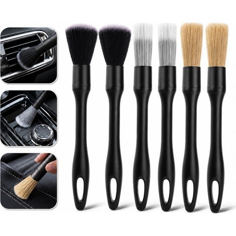 Lot de 6 brosses pour detailing automobile : kit de detailing sans rayures, poils de sanglier, pour roues, aérations, tableau de bord, sièges en (1/5)