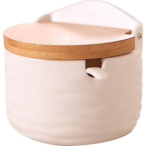 Barattolo per spezie, ciotola in ceramica con coperchio in bambù e cucchiaini da zucchero, porta spezie in porcellana, saliera e porta spezie, barattoli per spezie, scatola per spezie per la casa (1/5)