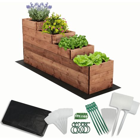 MODO24 Carré potager surélevé en bois, 4 niveaux en cascade, 54x30x120 cm, jardin/terrasse, kit jardinier inclus, brun imprégné