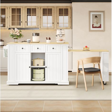 Îlot de cuisine blanc et naturel extensible avec table, prises, USB, 2 portes et 2 tiroirs, 138/213x55x93 cm (1/5)