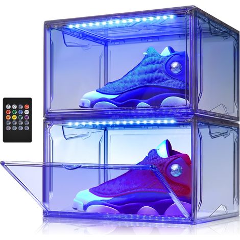 Organisateur de chaussures d'armoire, boîtes à chaussures pliantes, lot de 2, boîtes empilables en plastique transparent, support magnétique pour chaussures de sport avec lumières LED (1/5)