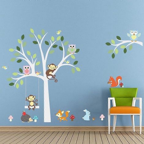 Stickers muraux animaux de dessin animé hibou, singe et renard mignons pour chambre de bébé, stickers muraux amovibles Mu (1/4)