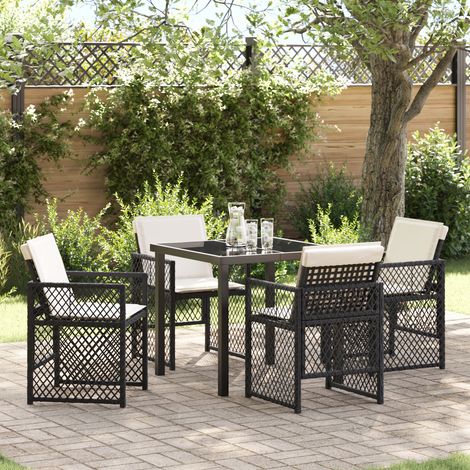 5-teiliges Garten-Essset mit Kissen Schwarz Poly Rattan vidaXL618654 (1/5)