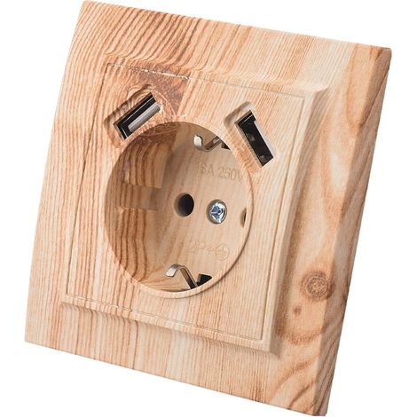 Prise Murale avec Prise Encastrable USB,2 prises USB,Prise murale d'intérieur 250V AC 16A,Prise de terre Grain de bois blanc (1/5)