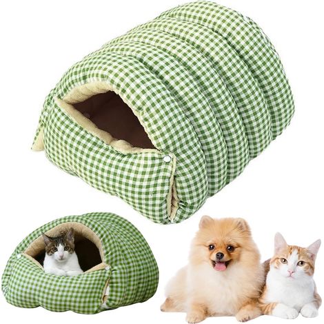 Niche d'hiver apaisante à carreaux avec housse à capuche - Compartiments de fermeture d'hiver lavables pour chatons d'intérieur et petits chiens avec coussin amovible (1/5)