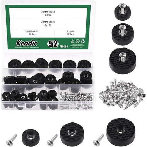 Lot de 52 patins ronds en caoutchouc à visser pour meubles - 1,2" et 1" / 0,7" - Noir - Antidérapants - Protection de sol - Patins pour meubles en bois (1/5)