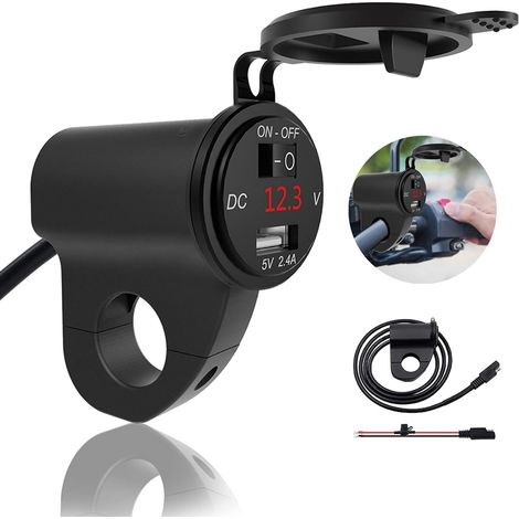 Motorrad-Handyladegerät mit Voltmeter und Sicherung, wasserdichtes Motorrad-USB-Steckerladegerät mit Schalter, geeignet für Motorradlenker mit einem Durchmesser von 2,2 cm, einzelner schwarzer USB-Ste (1/5)