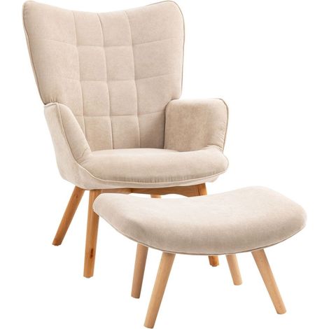Fauteuil à oreilles avec tabouret, chaise de relaxation, chaise rembourrée aspect velours côtelé, chaise longue, fauteuil avec p (1/3)