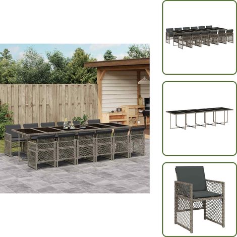 13-tlg. Garten-Essgruppe mit Kissen Grau Poly Rattan - Garten Essgruppe - Garten Essgruppen - Outdoor Essgruppe - Terrasse Essgruppe (1/5)