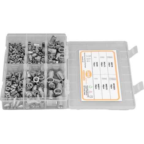 Kit 250 pièces écrous à riveter tête plate en inox 304, assortiment M3 M4 M5 M6 M8 M10, inserts taraudés. (1/5)