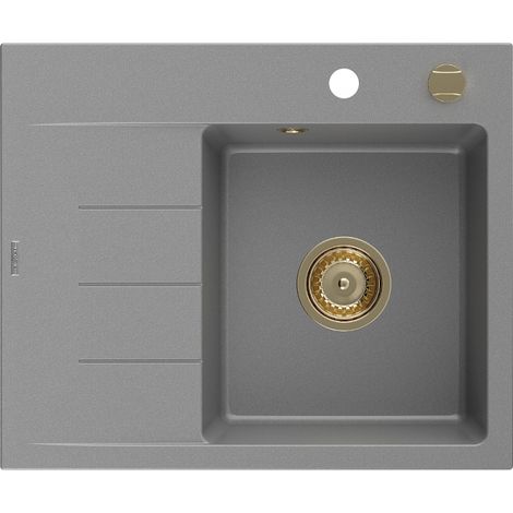 Mexen Ben lavello in granito a 1 vasca con gocciolatoio destro 600 x 500 mm, grigio, sifone dorato - 6523605000-71-G (1/5)