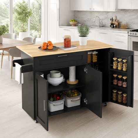 DESMIU Desserte de Cuisine avec 2 Portes, 1 Tiroir, Étagères Réglables, Plateau Rabattable et 5 Roues 132.5 × 44 × 90 cm (1/5)