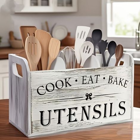 BelleRise - Organisateur d'ustensiles de cuisine en bois, style rétro, extra-large et robuste – Design à 3 compartiments (Finition bois naturel) (1/5)