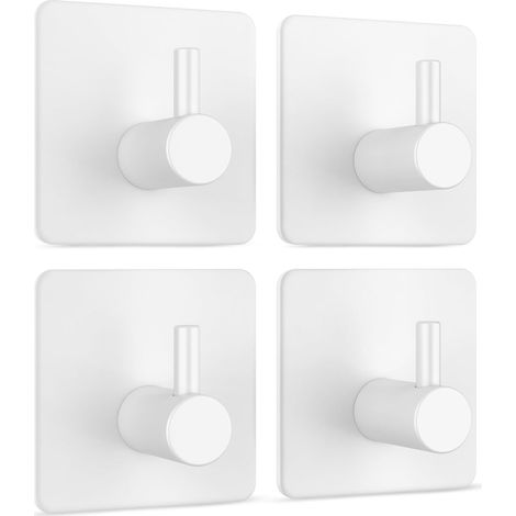 CCYKXA Self Adhesive Wall Hooks No Drilling Set of 4 in White - Stainless Steel Water Resistant Wall Hooks - Up to 8 kg - Towel Hooks - Clothes Hooks (1/5)