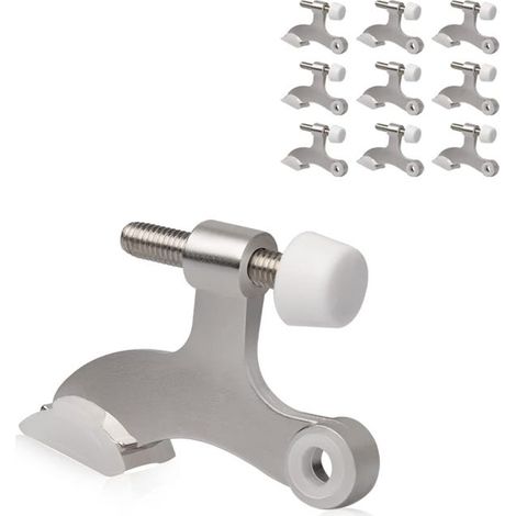 Juego de 10 topes de puerta con bisagras: resistentes, ajustables, con patas de goma, color plata (1/5)