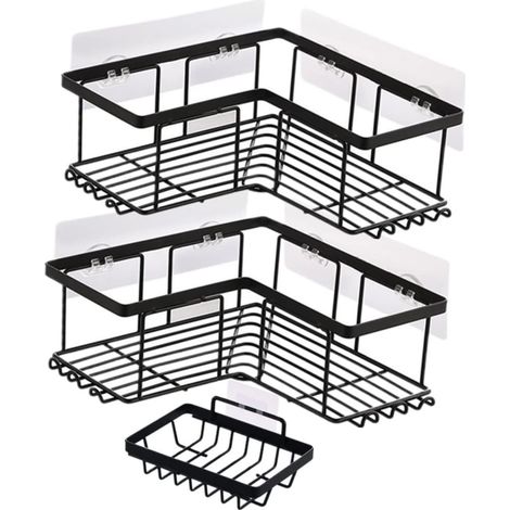 Étagère Angle de Acier Noire Ensemble sans Perçage Organisateur Mural avec Crochet pour Salle de Bain Étagère Drainante pour et Shampooing (1/5)