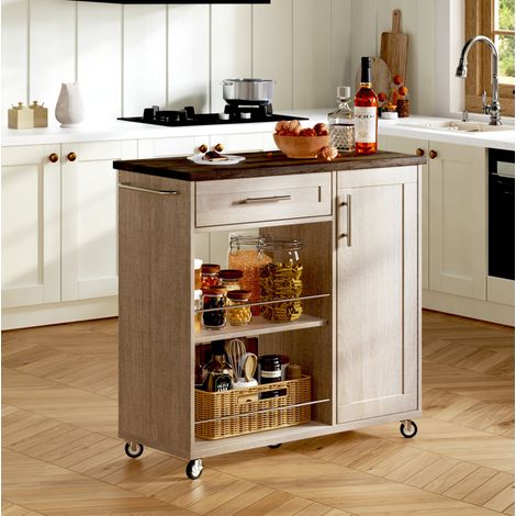 Carrello da cucina mobile effetto legno, cassetto, armadio e ruote, 90x62x90 cm OKWISH (1/5)