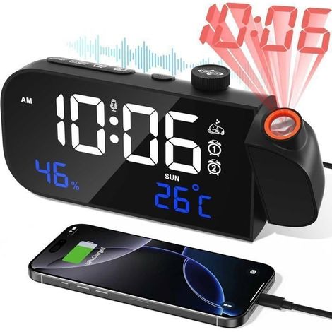Radio Reveil Projection Plafond, Digitale Reveil Matin Horloge Numérique,LED Réveil Numérique, avec Température/Humidité/Snooze (1/5)