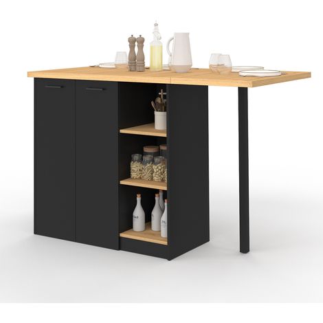 Isola centrale CESAR 140 cm in legno nero con piano di lavoro effetto faggio