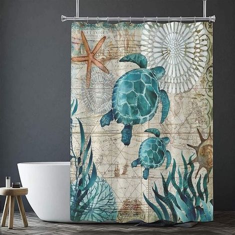 Tenda da doccia 180 x 200 cm con 12 ganci, asciugatura rapida (tartaruga marina), tessuto in poliestere impermeabile, lavabile in lavatrice, tende da bagno (1/2)