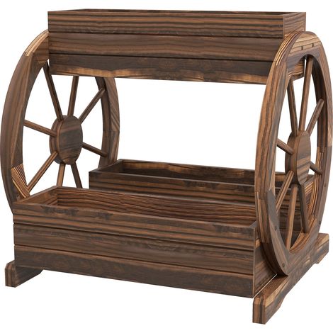 Fioriera da Esterno a 2 Livelli con 3 Vasi e Ruote di Carro Stile Country 64x54x60 cm in Legno Carbonizzato