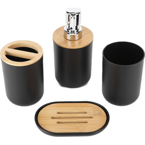 Ensemble de 4 accessoires de salle de bain en bambou imperméable et durable, idéal comme cadeau pour la maison ou l'hôtel (noir). (1/5)