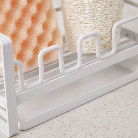 Porte Eponge Evier Cuisine Organisateur, Rangement Evier Cuisine pour Brosse de Nettoyage, Égouttoir avec Plateau de Drainage, Blanc, en Céramique, robinet étanche et robuste, prêt à l'emploi (1/5)